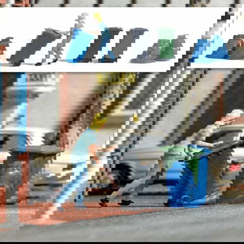 Busch 1/87 HO Scale Woman Taking Out Trash w/3 Bins & 4 Garbage Bags -Action Set - ModelsPower