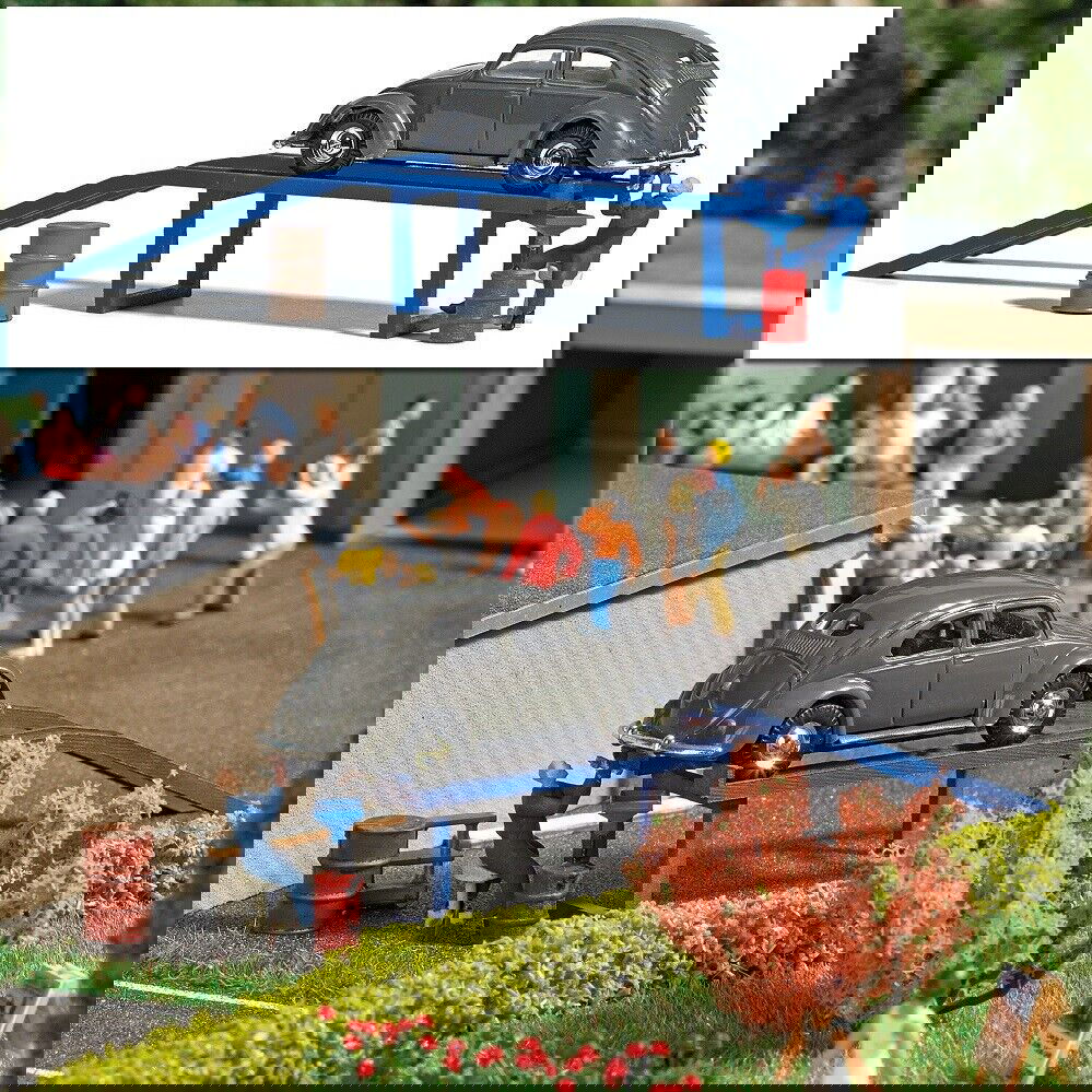 Busch 1/87 HO Scale VW Old Beetle+Mechanic+Oil Change Ramp+Barrels (Action Set) - ModelsPower