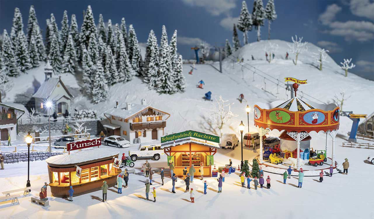 Faller HO 1/87 CHRISTMAS MARKET SET w/ 2 Stalls, Carousel, Icicles, Snow Powder - ModelsPower