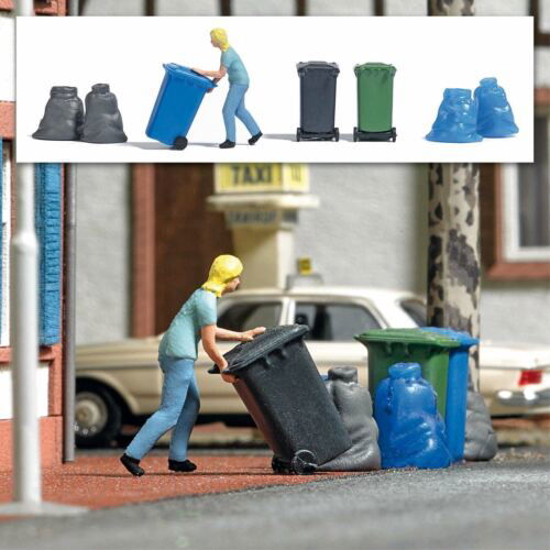 Busch 1/87 HO Scale Woman Taking Out Trash w/3 Bins & 4 Garbage Bags -Action Set - ModelsPower