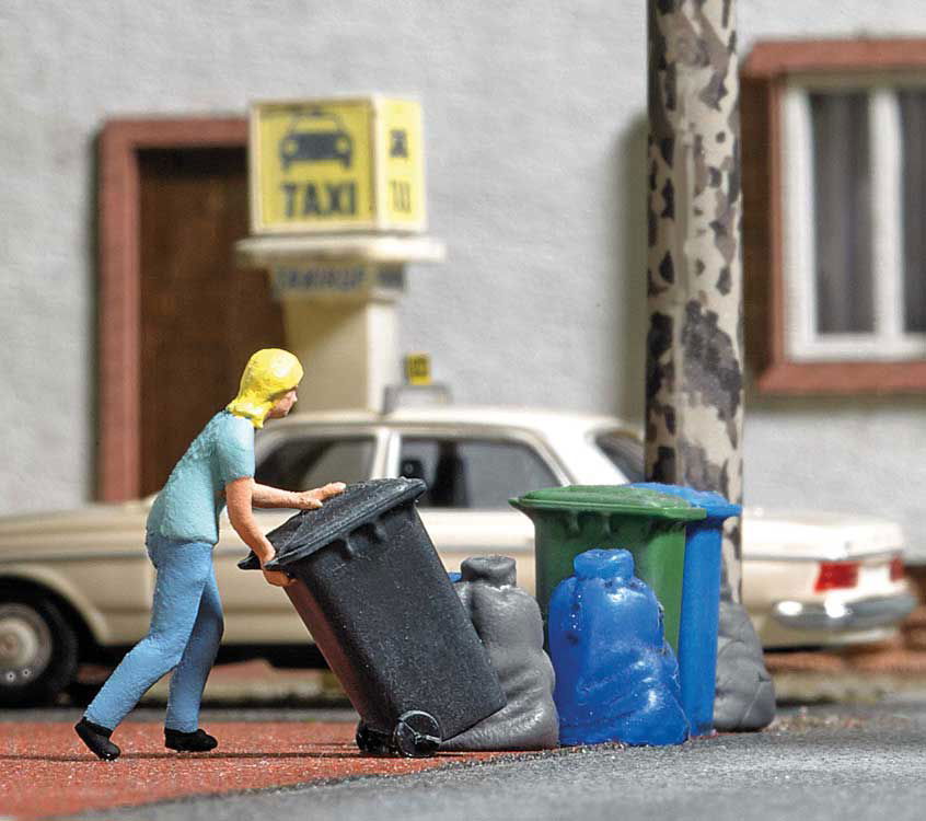 Busch 1/87 HO Scale Woman Taking Out Trash w/3 Bins & 4 Garbage Bags -Action Set - ModelsPower