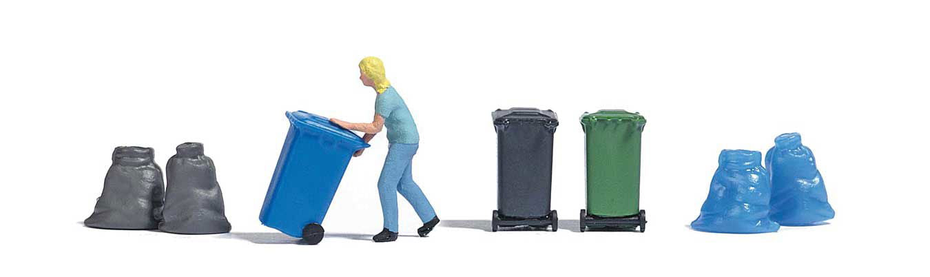 Busch 1/87 HO Scale Woman Taking Out Trash w/3 Bins & 4 Garbage Bags -Action Set - ModelsPower