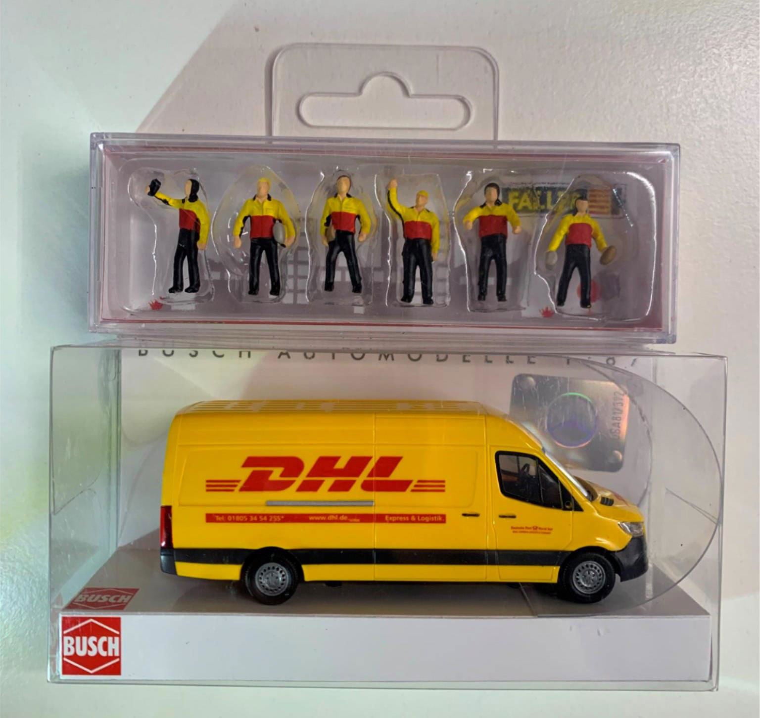 HO 1/87 BUSCH MB Sprinter DHL High-Roof Cargo Van+FALLER Parcel Delivery Carrier - ModelsPower