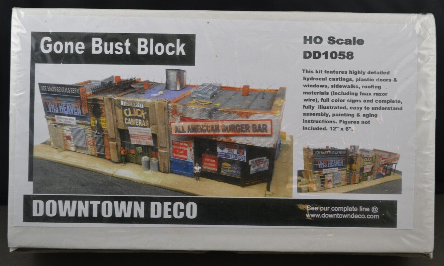 Downtown Deco HO 1/87 GONE BUST BLOCK distressed sidewalks signs complete stores - ModelsPower