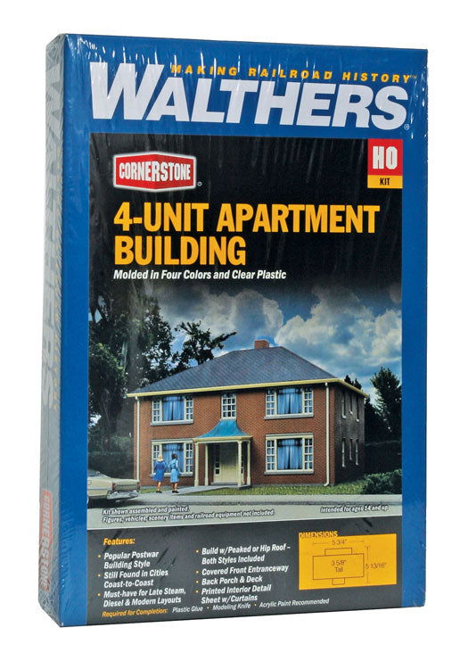 Walthers Cornerstone 1/87 HO Scale FOUR-UNIT BRICK APARTMENT BUILDING Model Kit - ModelsPower