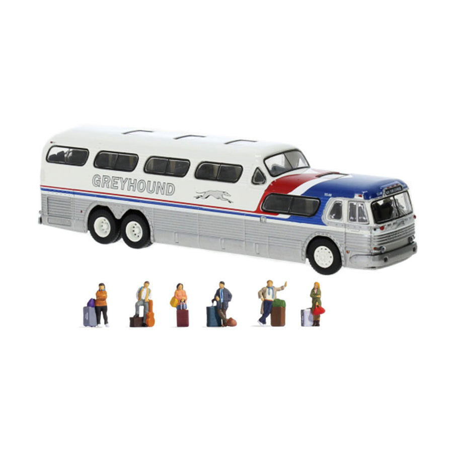 1/87 HO Scale GREYHOUND 1954-56 GMC PD-4504 Scenicruiser Bus & 6 Passengers NEW! - ModelsPower