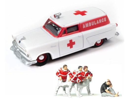 PREISER 1/87 HO Scale PARAMEDICS Rescue Sheet Injured Person +CMW 1953 Ambulance - ModelsPower