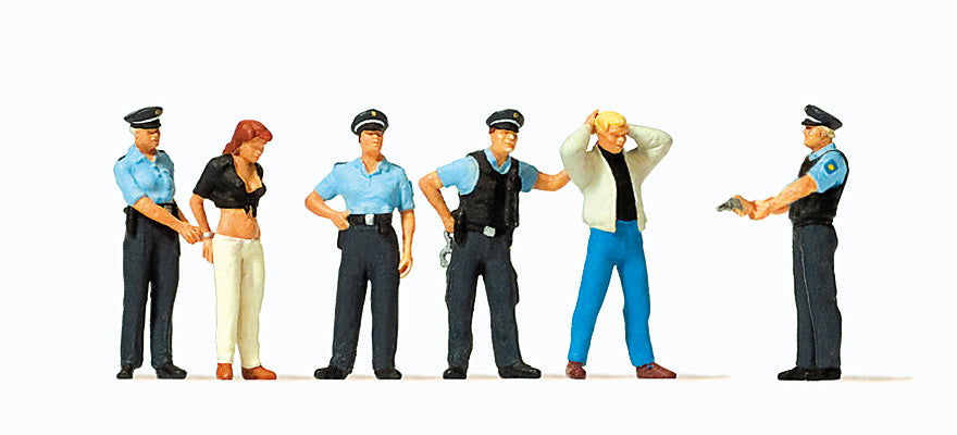 Preiser Kg 1/87 HO Scale POLICE OFFICERS Arresting 1 Female & 1 Male (6 Figures) - ModelsPower