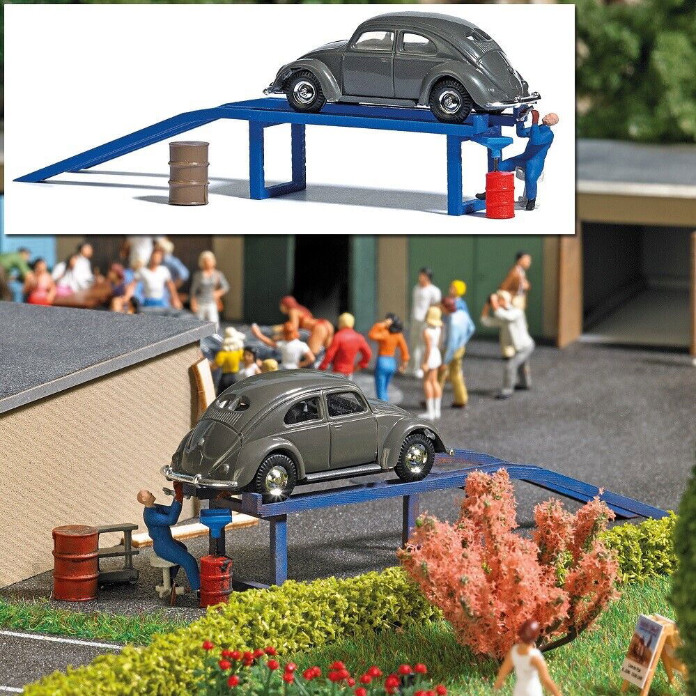 Busch 1/87 HO Scale VW Old Beetle+Mechanic+Oil Change Ramp+Barrels (Action Set) - ModelsPower