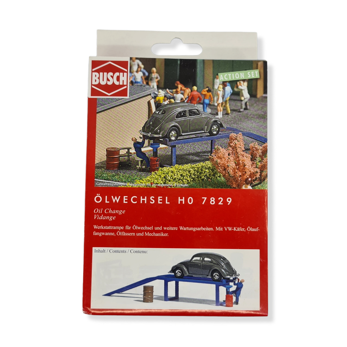 Busch 1/87 HO Scale VW Old Beetle+Mechanic+Oil Change Ramp+Barrels (Action Set) - ModelsPower