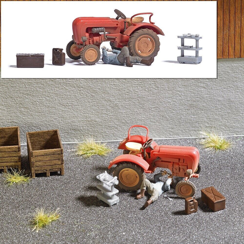 Busch 1/87 HO Scale Tractor Repair w/ Mechanic Figure & Accessories -Action Set - ModelsPower