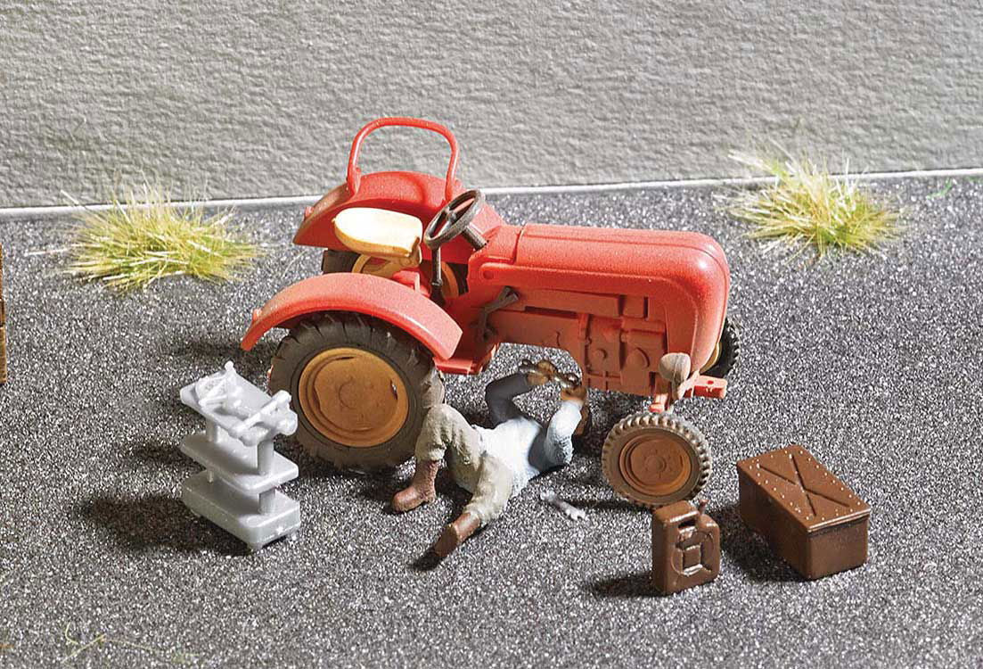 Busch 1/87 HO Scale Tractor Repair w/ Mechanic Figure & Accessories -Action Set - ModelsPower