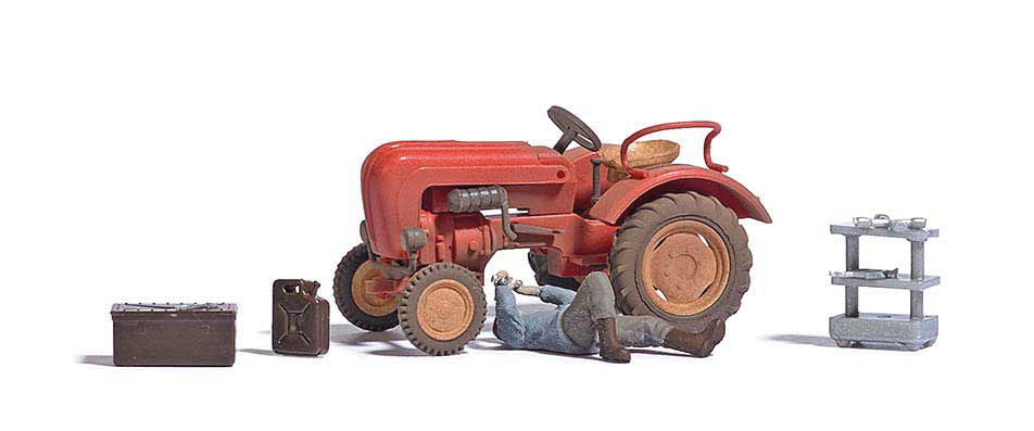 Busch 1/87 HO Scale Tractor Repair w/ Mechanic Figure & Accessories -Action Set - ModelsPower