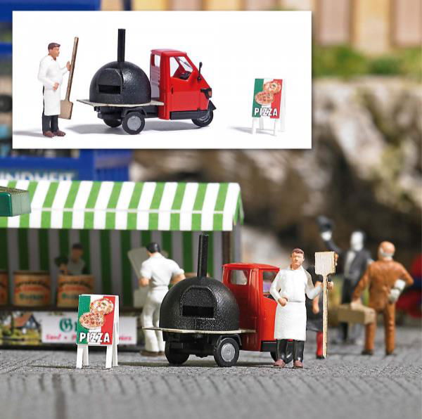 Busch 1/87 HO Scale Piaggio Ape w/ Pizza Oven Figure Pizza Peel Sign -Action Set - ModelsPower