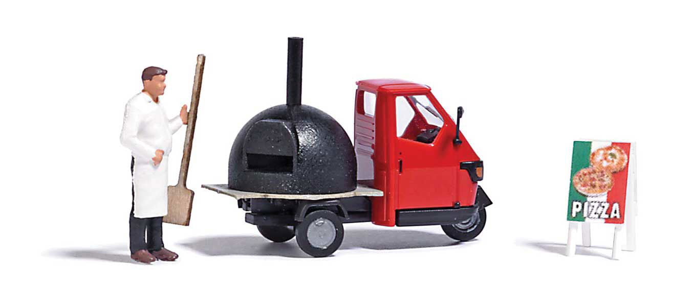 Busch 1/87 HO Scale Piaggio Ape w/ Pizza Oven Figure Pizza Peel Sign -Action Set - ModelsPower