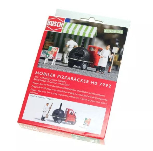 Busch 1/87 HO Scale Piaggio Ape w/ Pizza Oven Figure Pizza Peel Sign -Action Set - ModelsPower